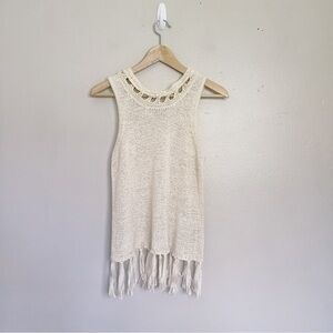 Anthropologie PEPIN Knit Fringe Tank Top Cream Size Small